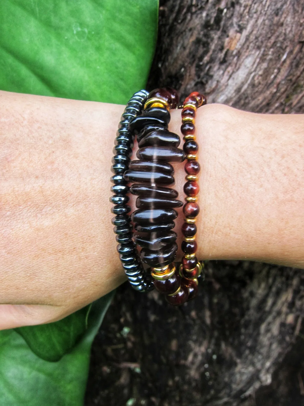 Confidence, Calming   Protection Mala Bracelet - Red Tiger Eye and Smoky Quartz