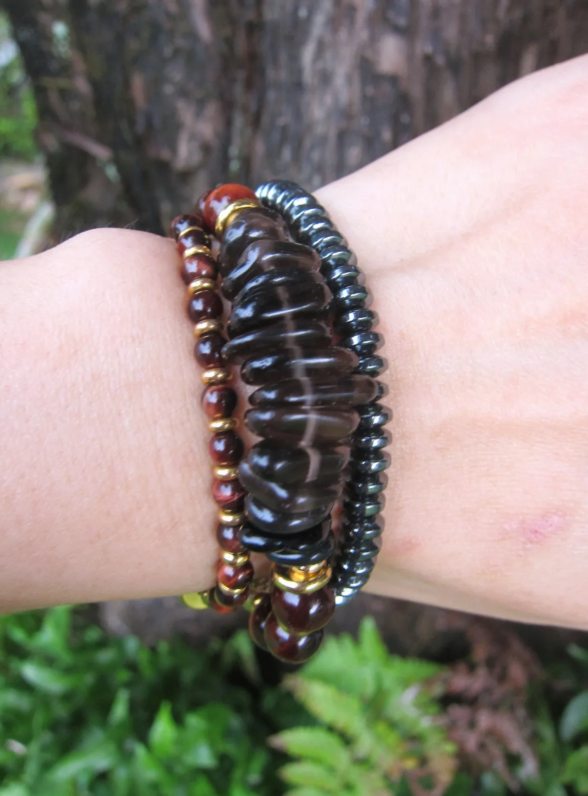 Confidence, Calming   Protection Mala Bracelet - Red Tiger Eye and Smoky Quartz