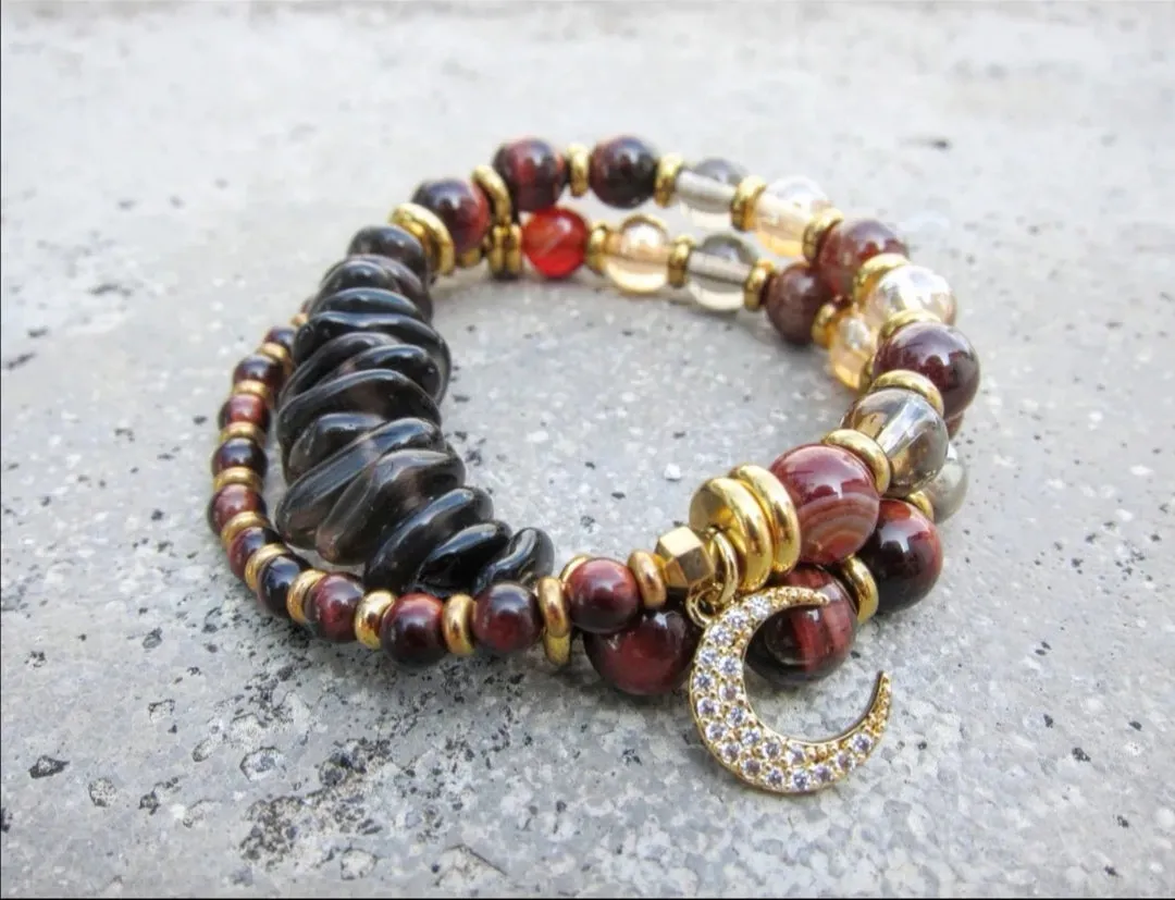 Confidence, Calming   Protection Mala Bracelet - Red Tiger Eye and Smoky Quartz