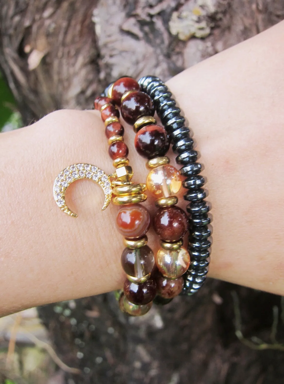 Confidence, Calming   Protection Mala Bracelet - Red Tiger Eye and Smoky Quartz