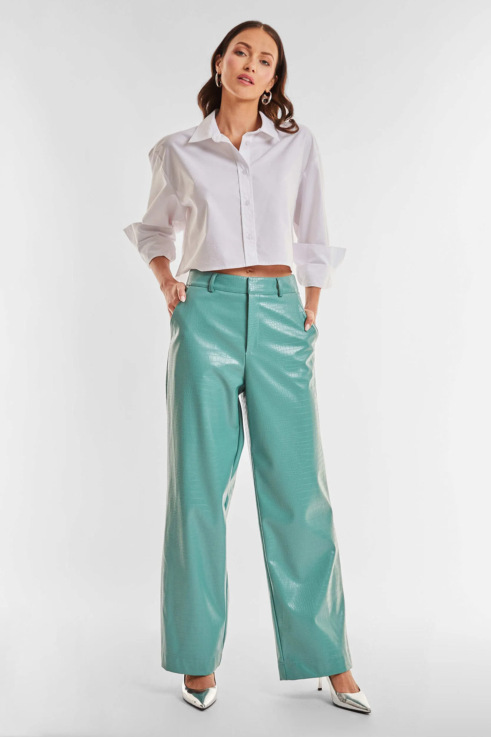 Croco Faux Leather Pant - Sage