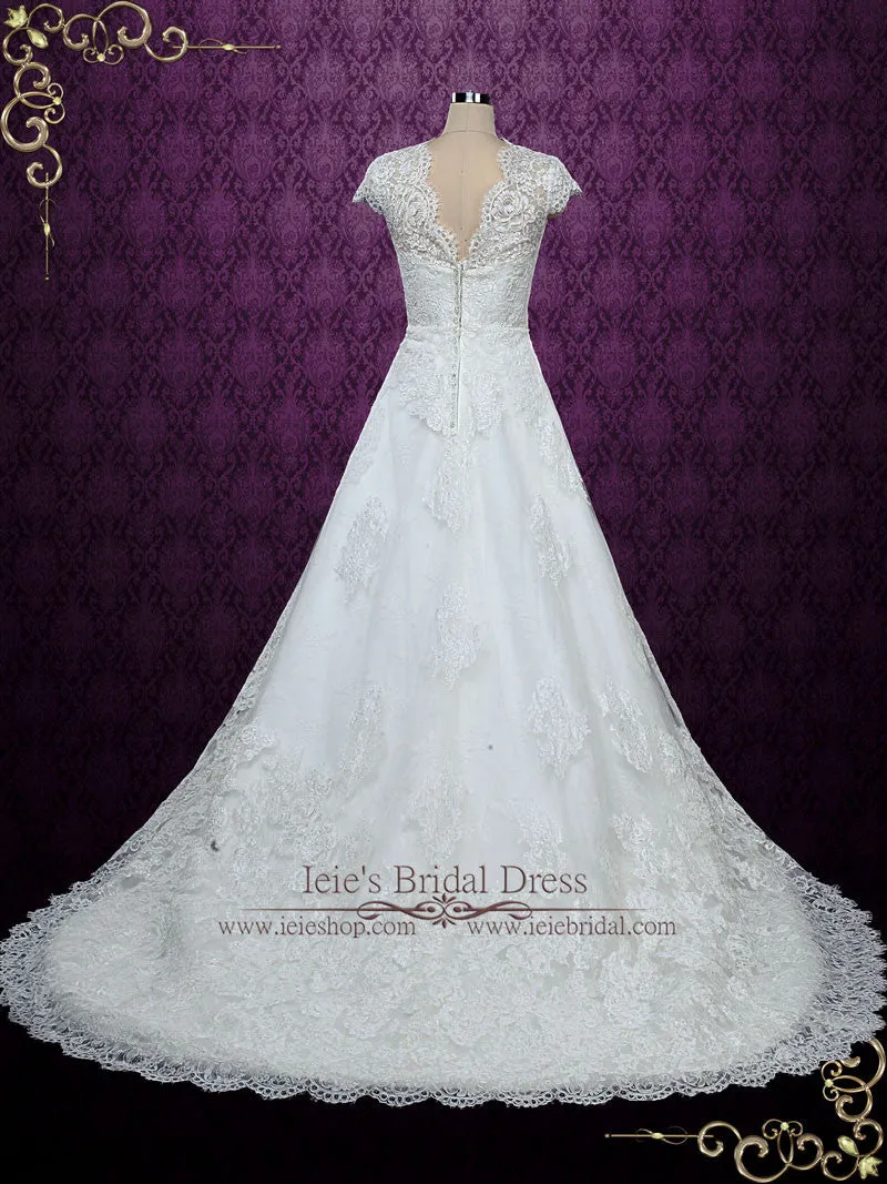 Elegant Short Sleeves Lace A-line Wedding Dress with Modest Neckline ELISE