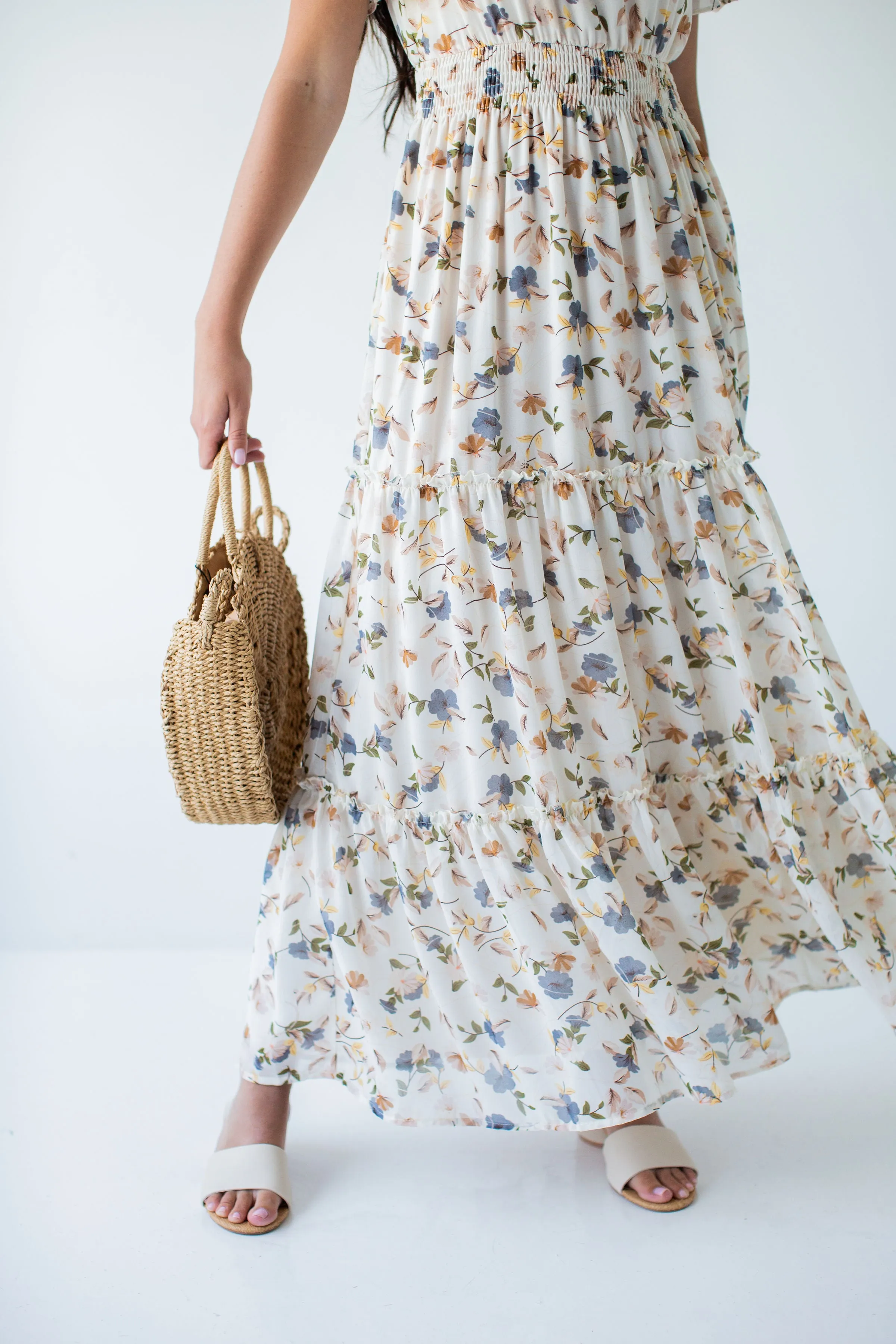 'Elizabeth' Floral Print Maxi Dress in Vanilla