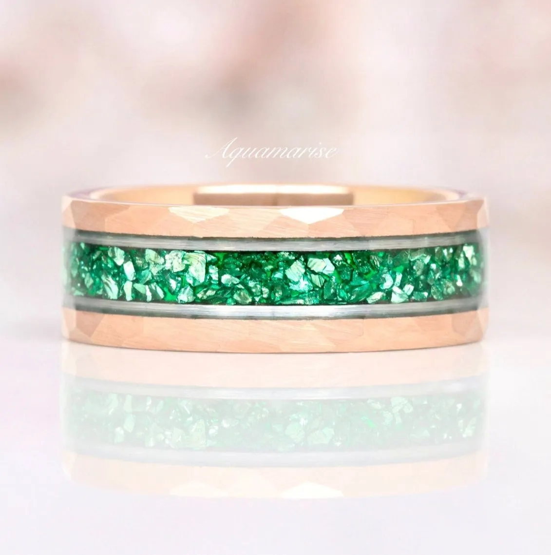 Emerald Wedding Band- 8MM Rose Gold Tungsten & Silver Strip