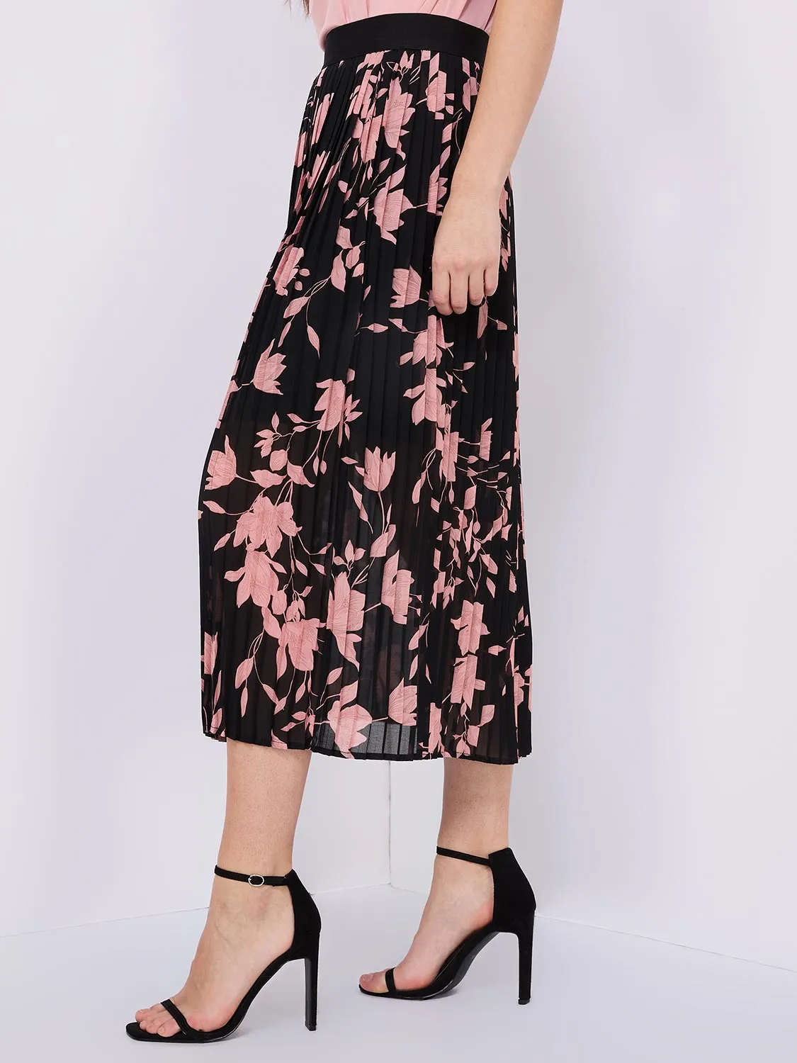 Floral Print Pleated Chiffon Skirt