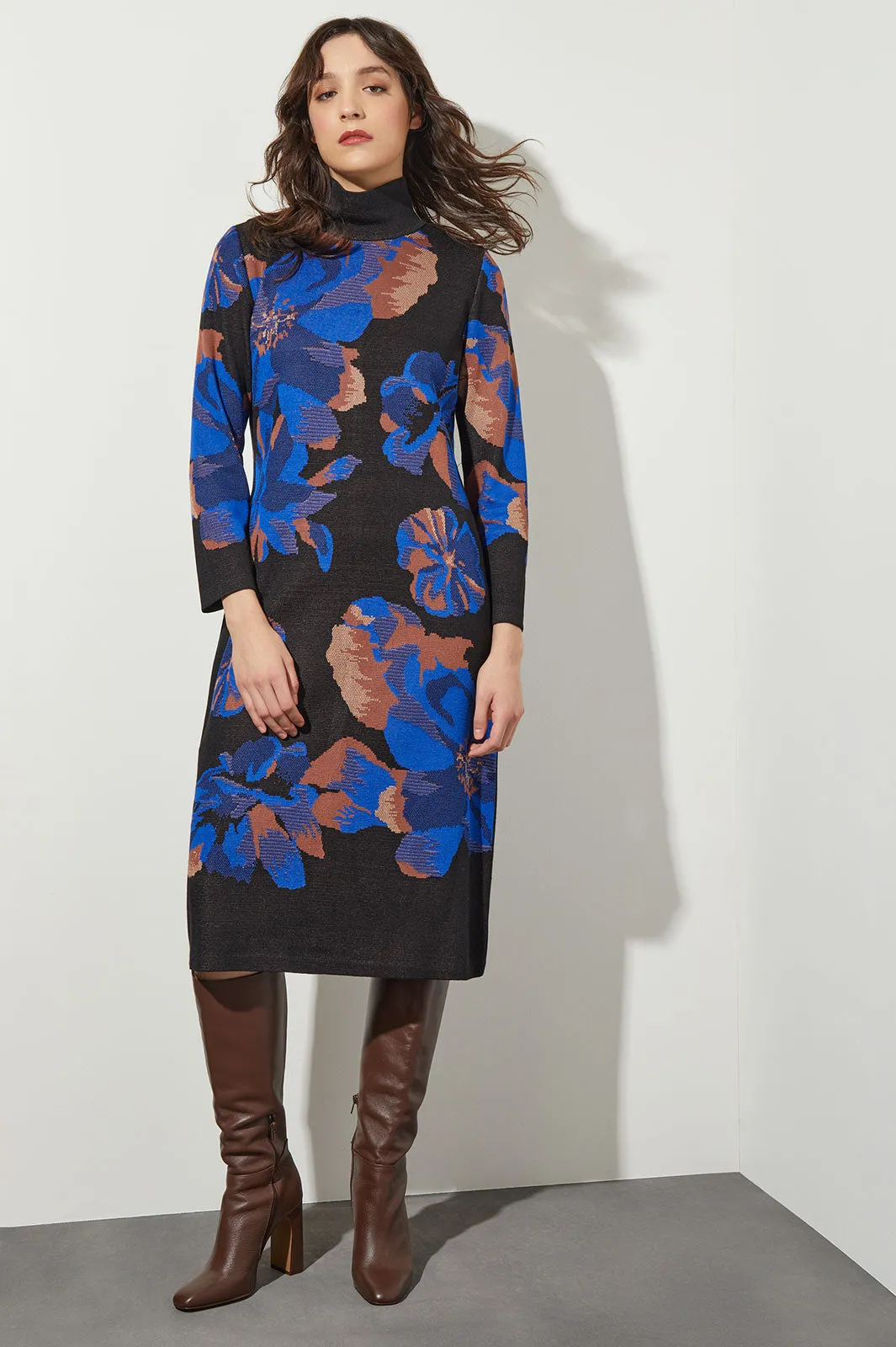 Floral Turtleneck Soft Knit Midi Dress