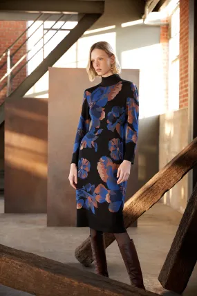 Floral Turtleneck Soft Knit Midi Dress