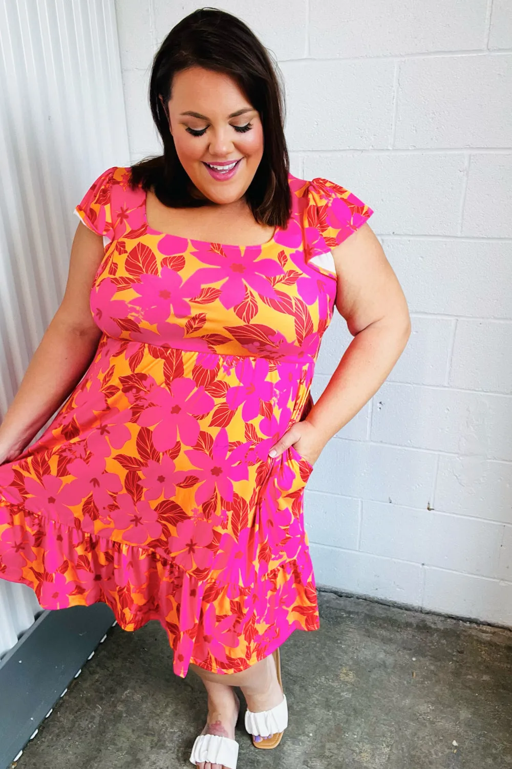 Fuchsia & Orange Tropical Floral Square Neck Dress