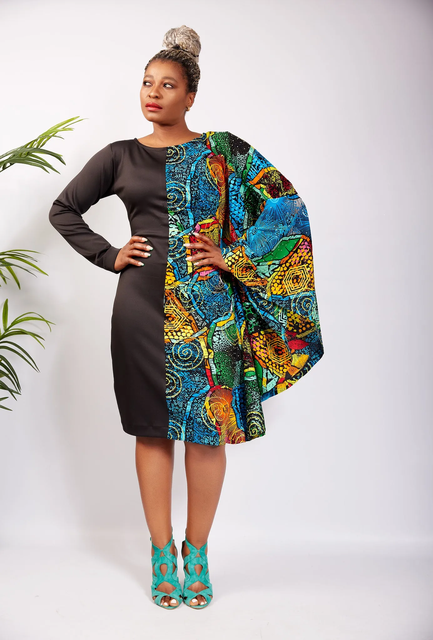 Fully Embellished Mixed Print Ankara Fitted Combo Dress - Stella