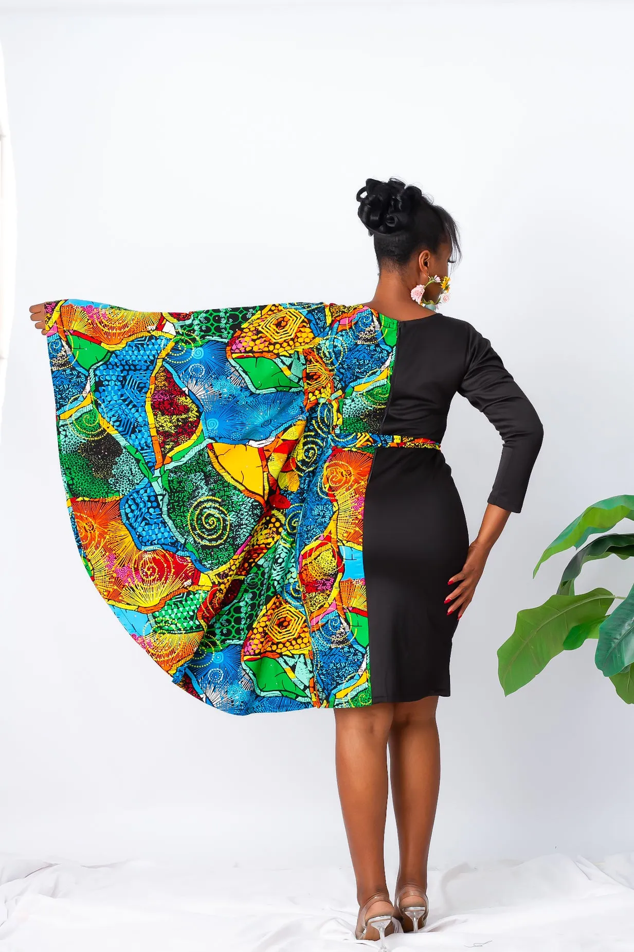 Fully Embellished Mixed Print Ankara Fitted Combo Dress - Stella