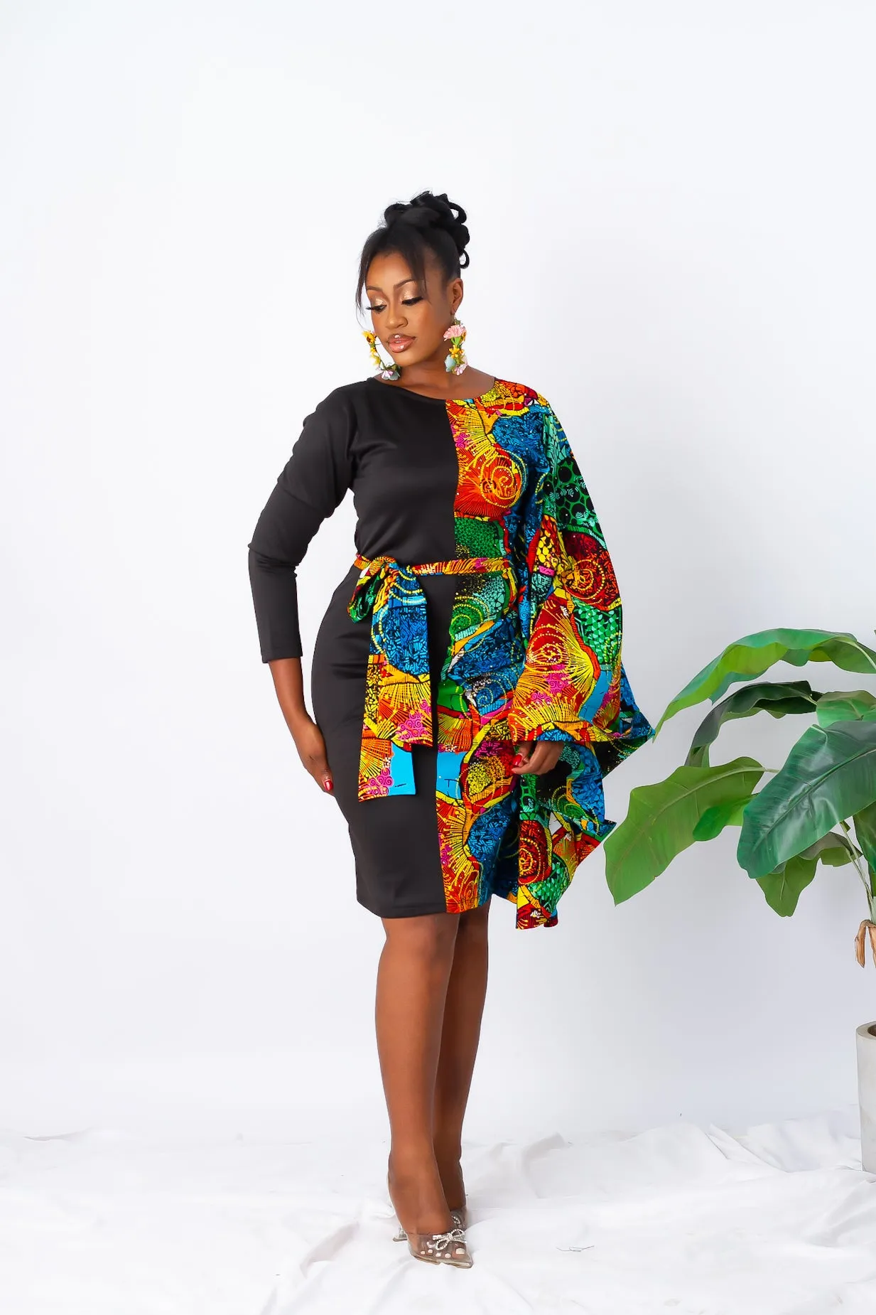 Fully Embellished Mixed Print Ankara Fitted Combo Dress - Stella