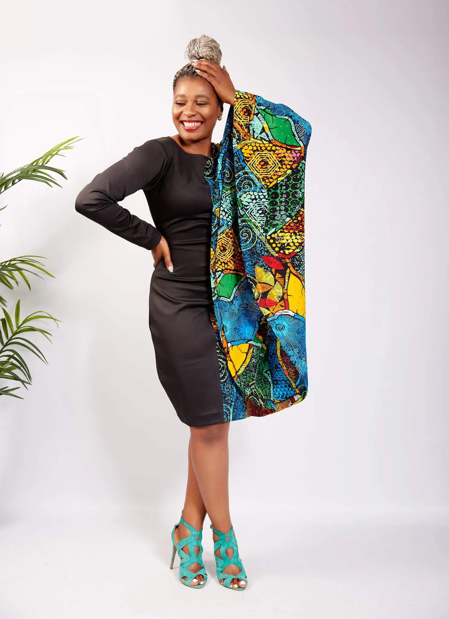 Fully Embellished Mixed Print Ankara Fitted Combo Dress - Stella