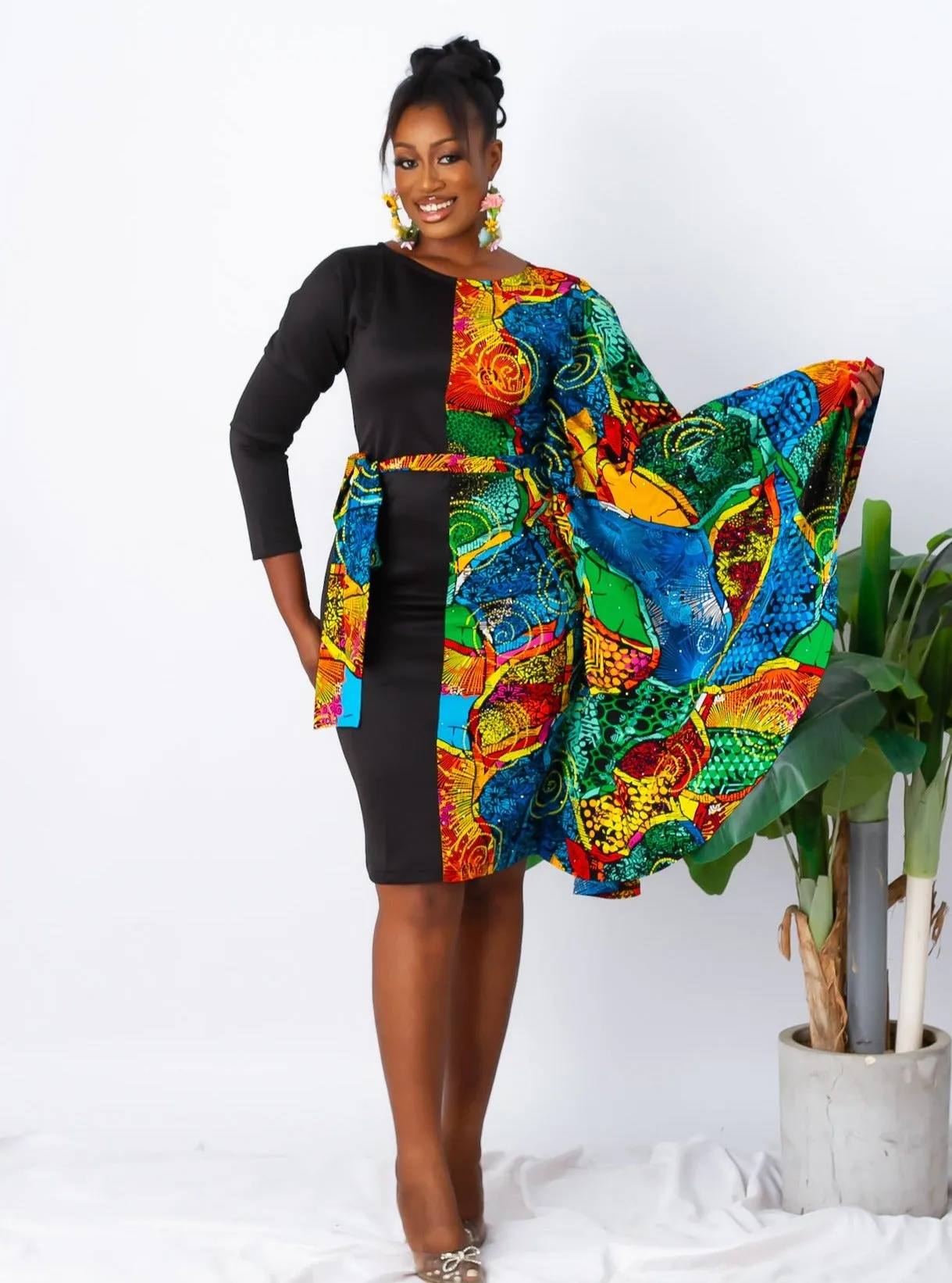 Fully Embellished Mixed Print Ankara Fitted Combo Dress - Stella