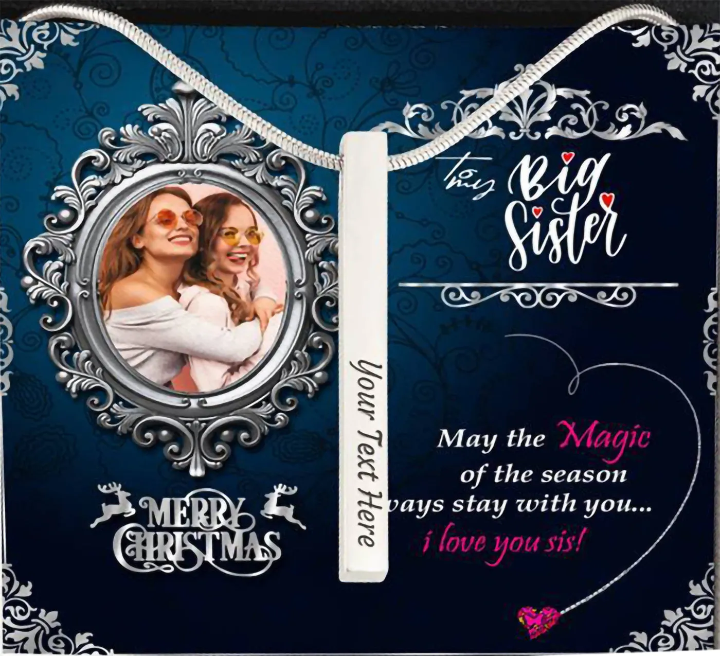 Gifts for Sisters Custom Name Engraving Vertical Bar Necklace With Custom Photo Christmas Message Card- Custom Name Necklace For Big Sister