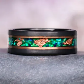 Green Fire Opal & Rose Gold Leaf Wedding Band- 8MM Rose Gold Black Tungsten