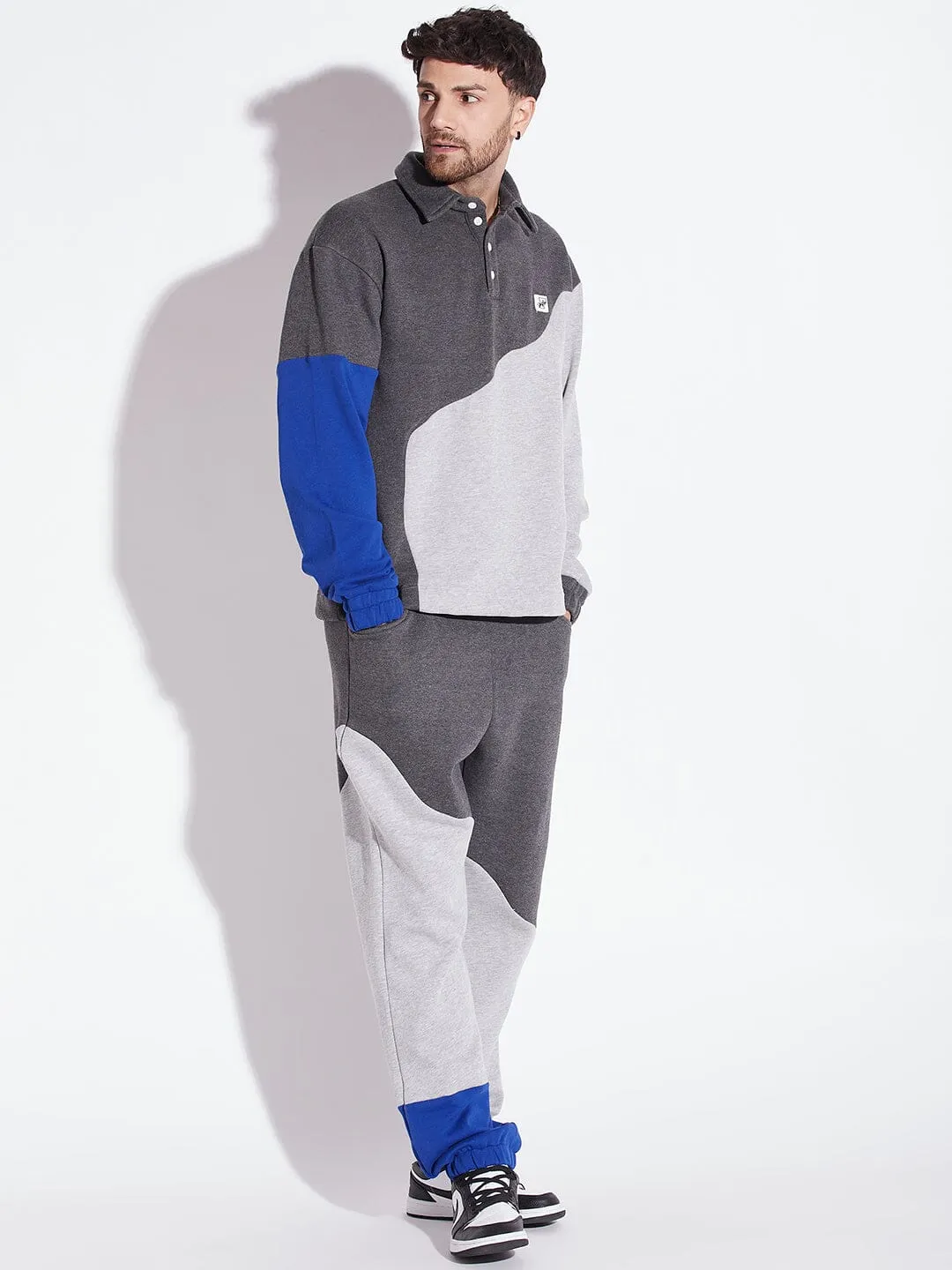 Grey Cut Sew Polo Collared relaxed Tracksuit