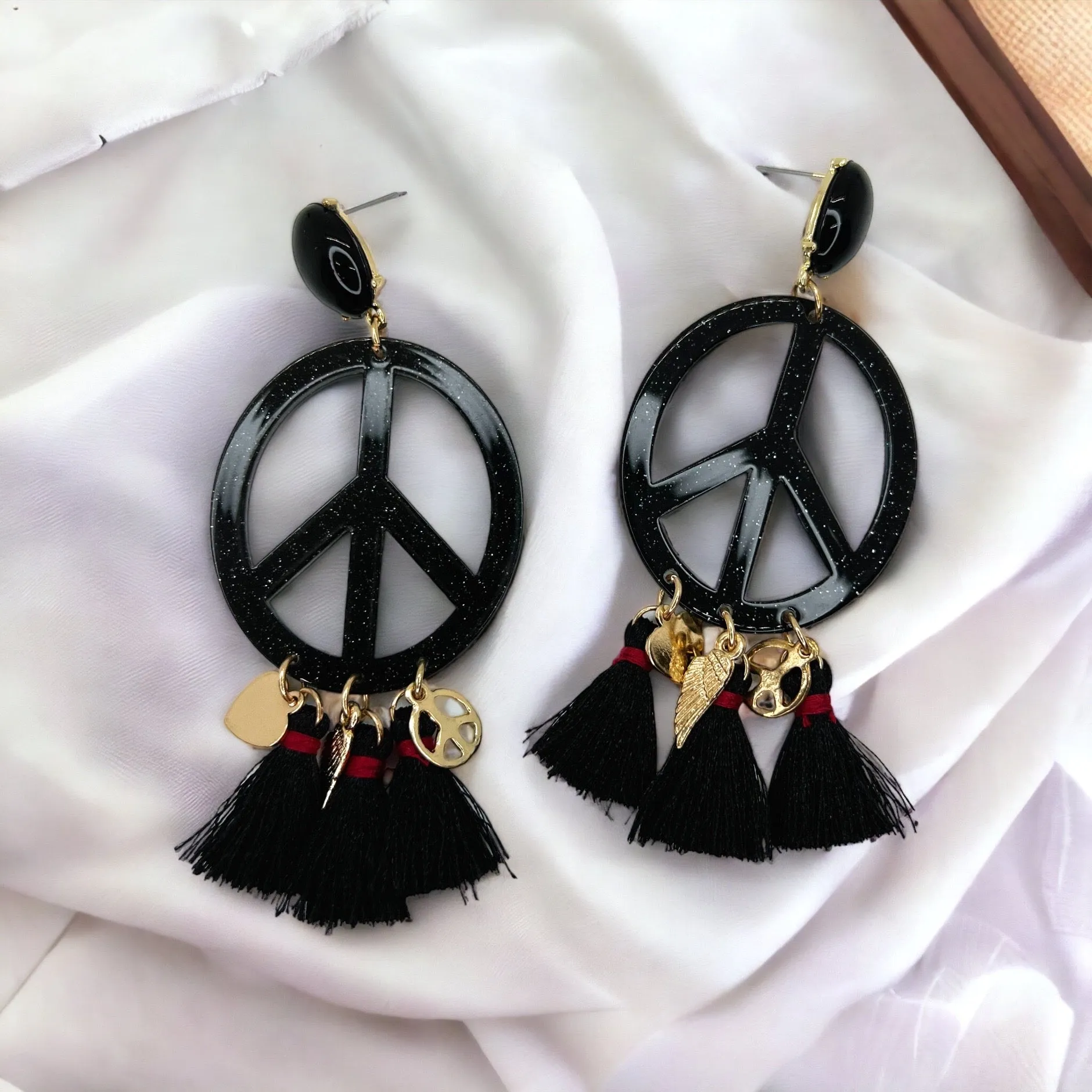 Gypsy Peace Earrings - Festival Accessories, Peace Sign, Handmade Jewelry, Bohemian, Boho Style, Fest, Black, Gypsy Earrings, Dangle