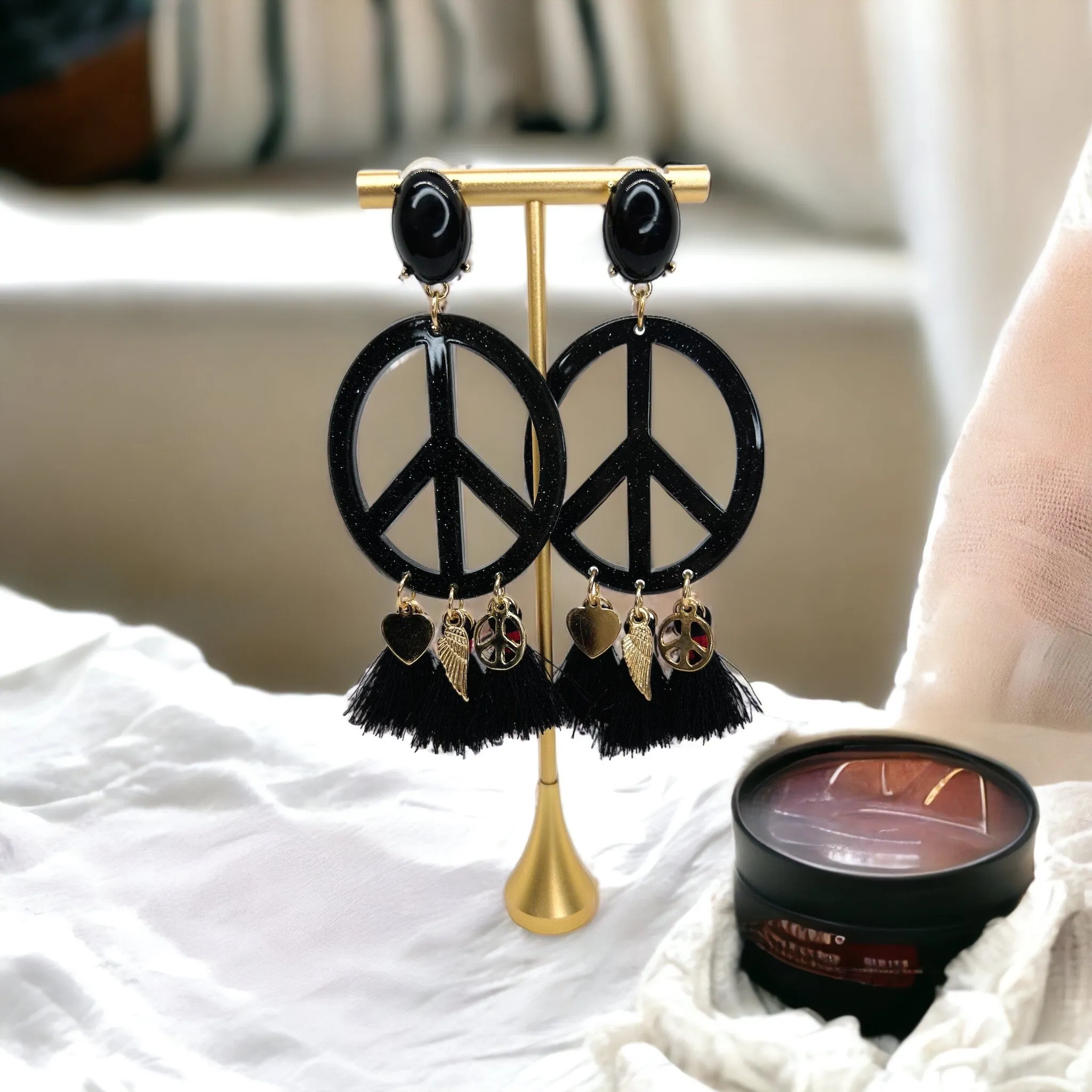 Gypsy Peace Earrings - Festival Accessories, Peace Sign, Handmade Jewelry, Bohemian, Boho Style, Fest, Black, Gypsy Earrings, Dangle