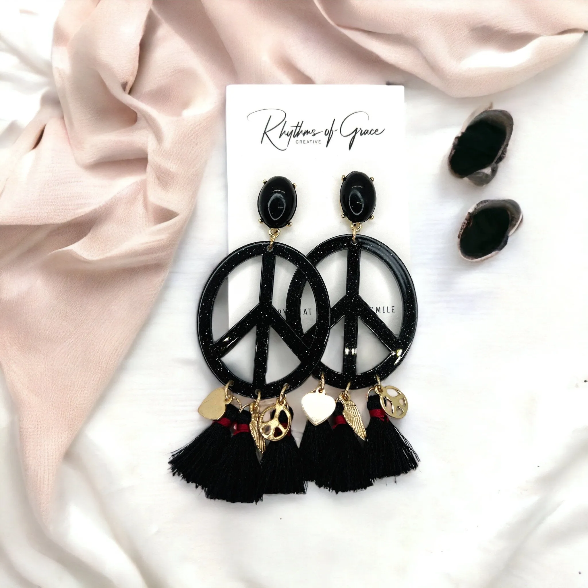 Gypsy Peace Earrings - Festival Accessories, Peace Sign, Handmade Jewelry, Bohemian, Boho Style, Fest, Black, Gypsy Earrings, Dangle