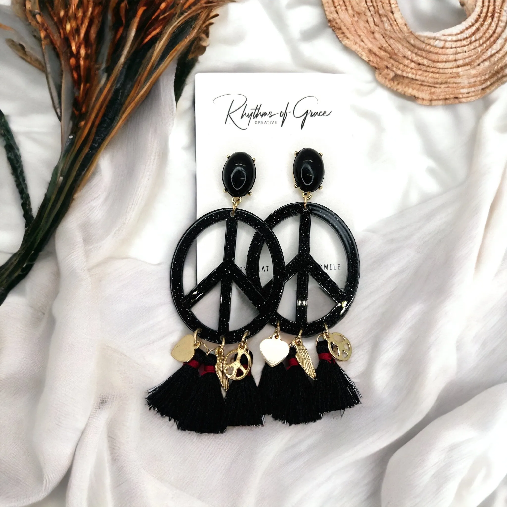 Gypsy Peace Earrings - Festival Accessories, Peace Sign, Handmade Jewelry, Bohemian, Boho Style, Fest, Black, Gypsy Earrings, Dangle