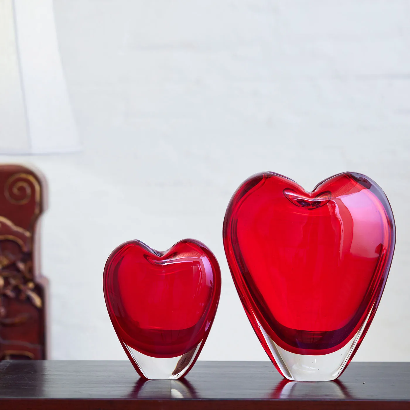 Hand Blown Red Love Heart Shaped Sommerso Art Glass Vase 7-10 inch tall