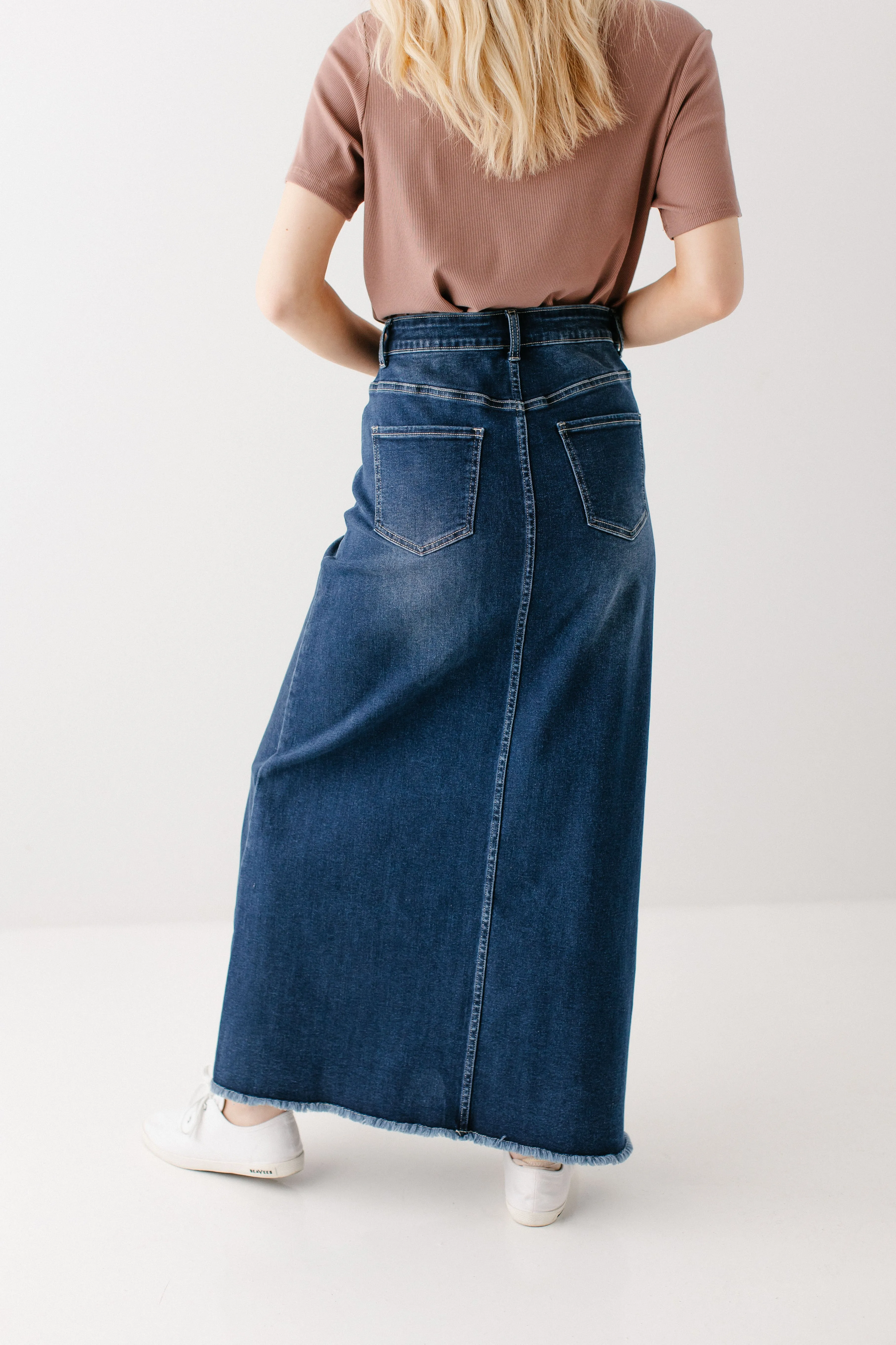 'Haven' Long Stretch Denim Skirt in Dark Wash