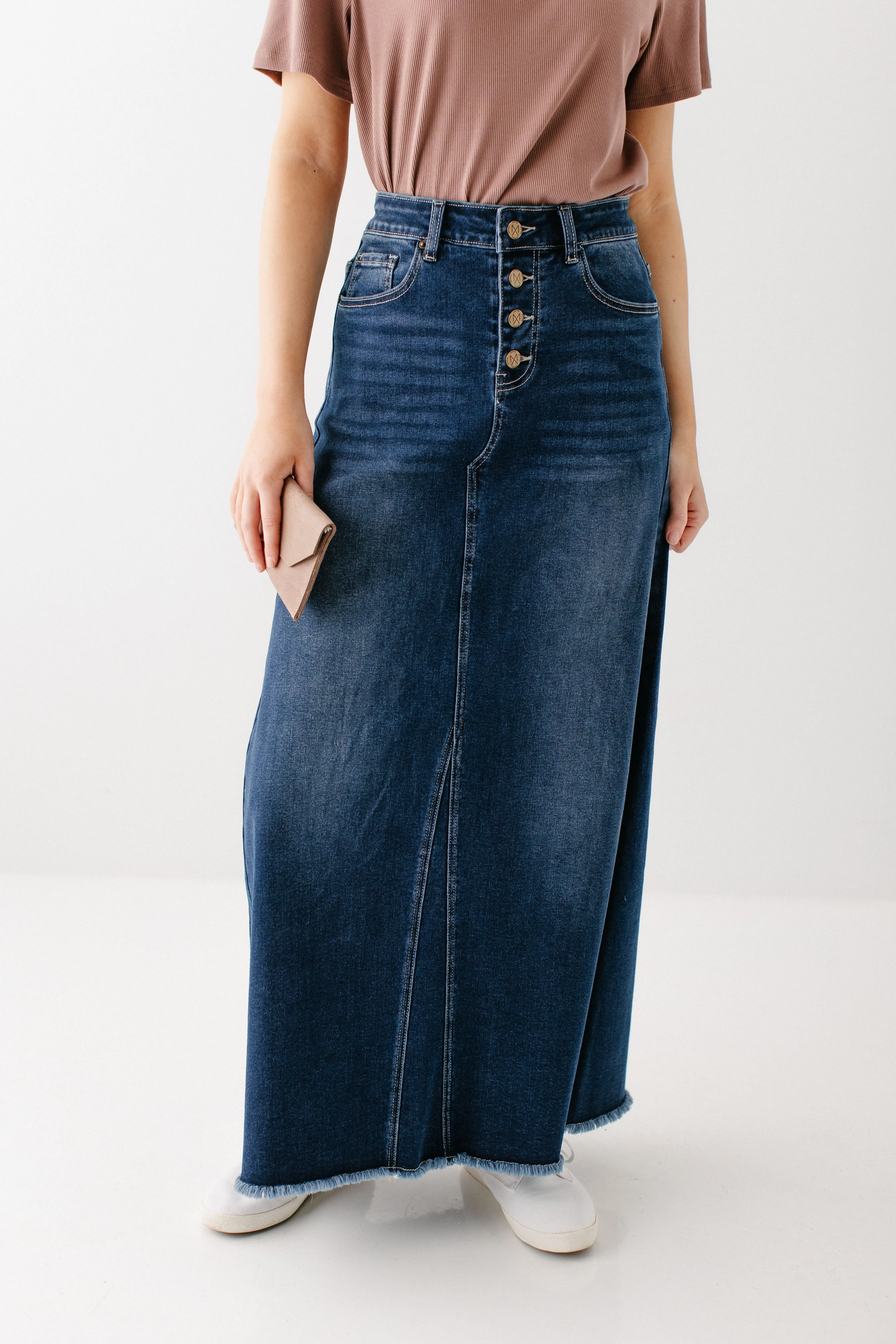 'Haven' Long Stretch Denim Skirt in Dark Wash