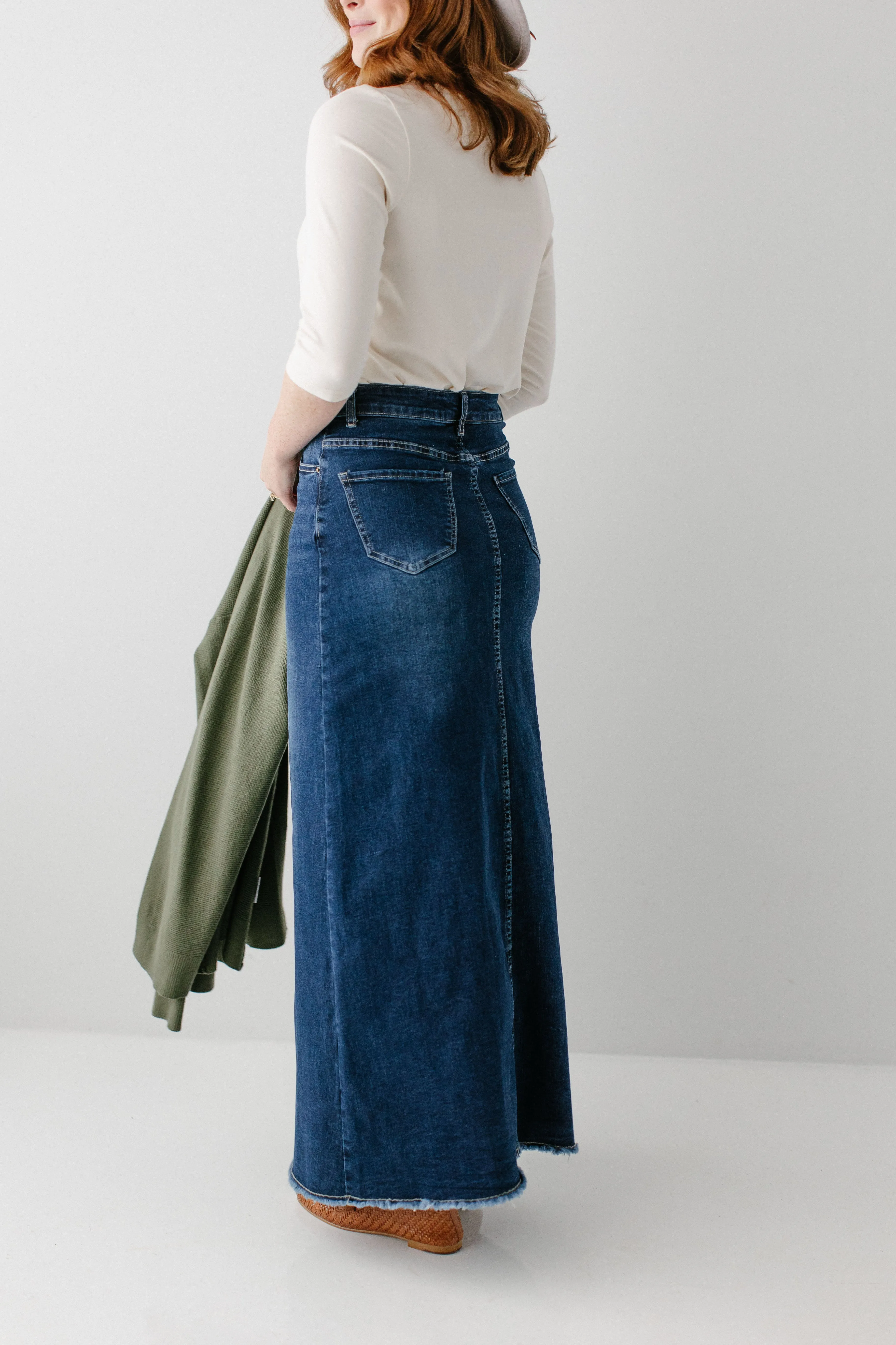 'Haven' Long Stretch Denim Skirt in Dark Wash