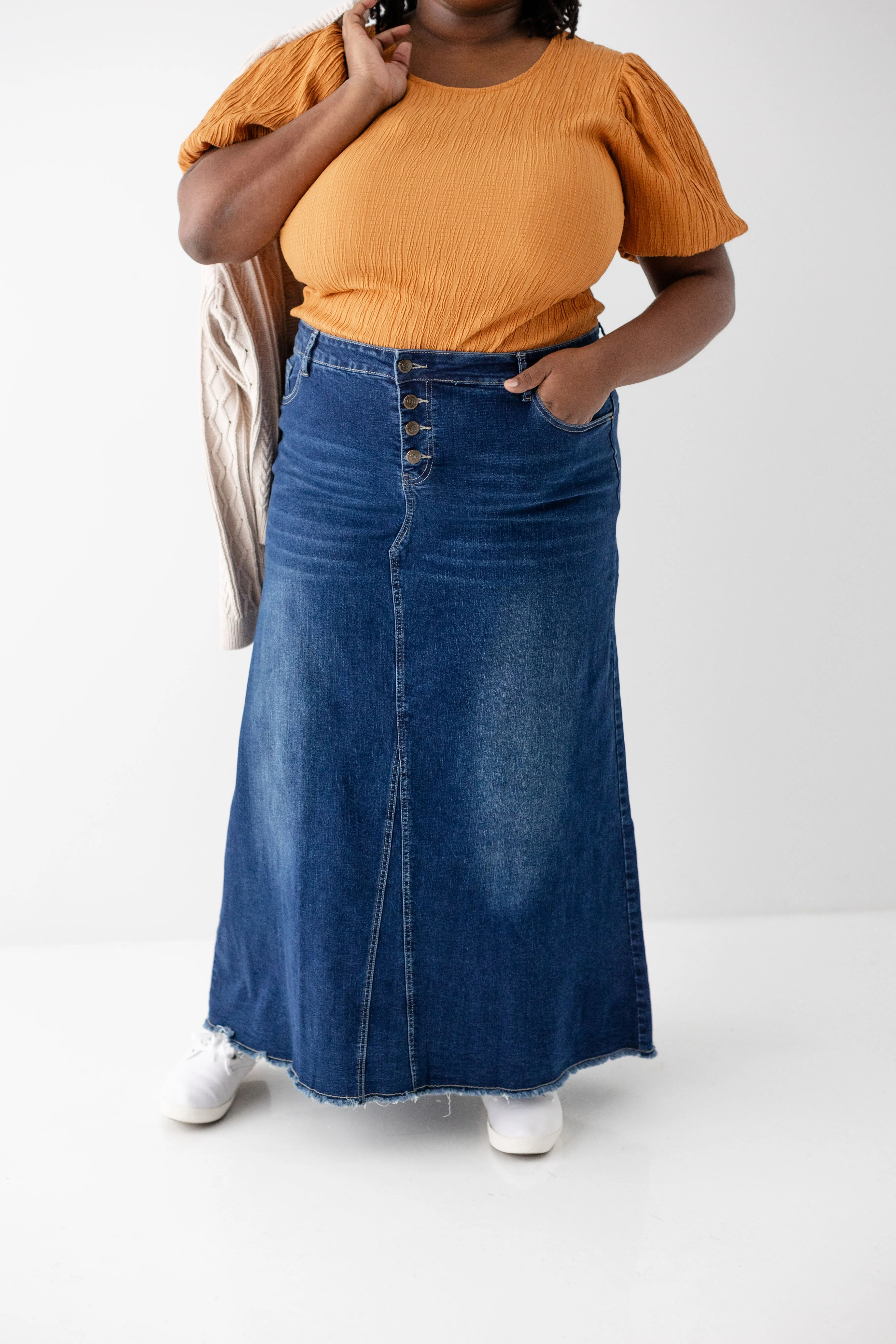 'Haven' Long Stretch Denim Skirt in Dark Wash