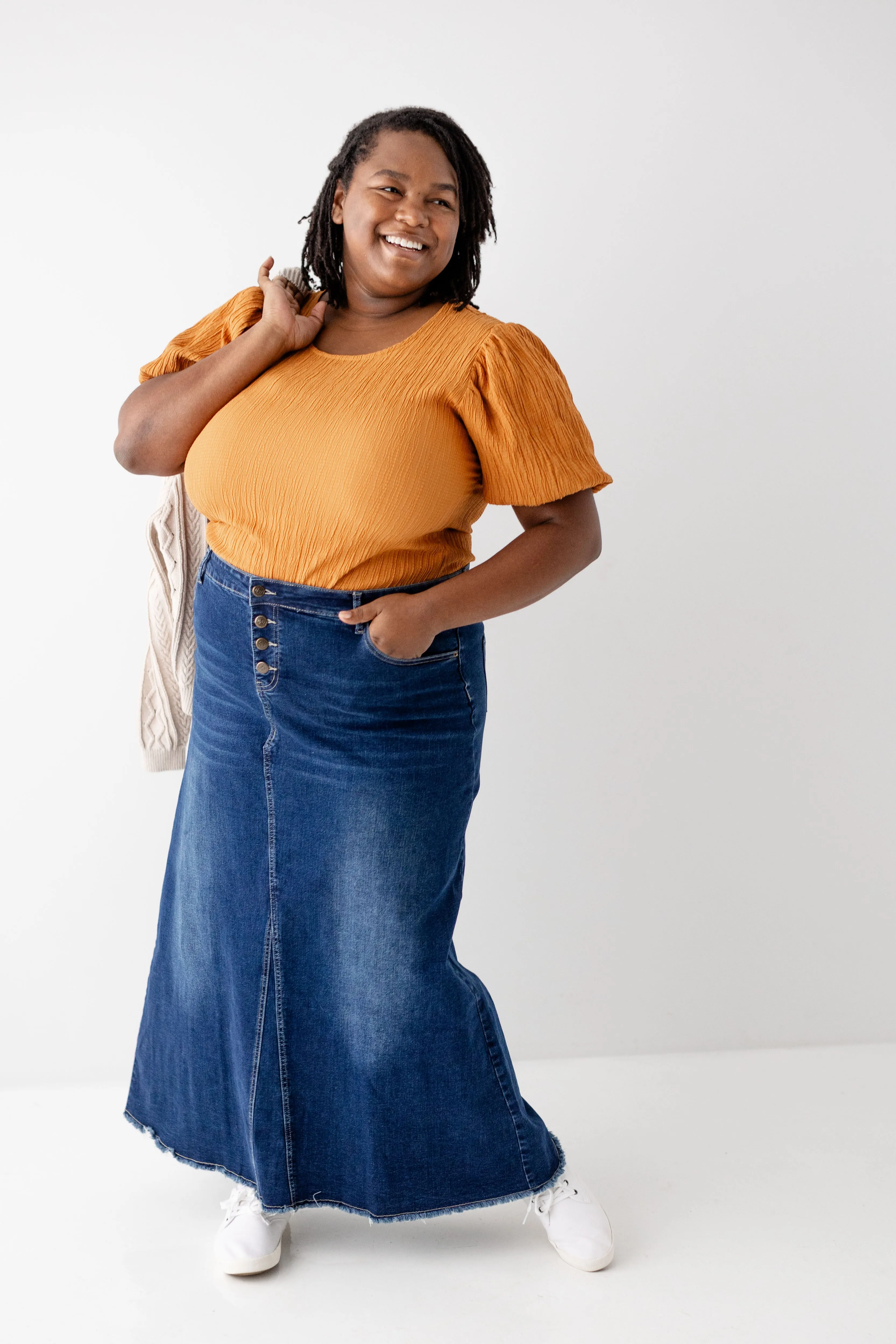 'Haven' Long Stretch Denim Skirt in Dark Wash