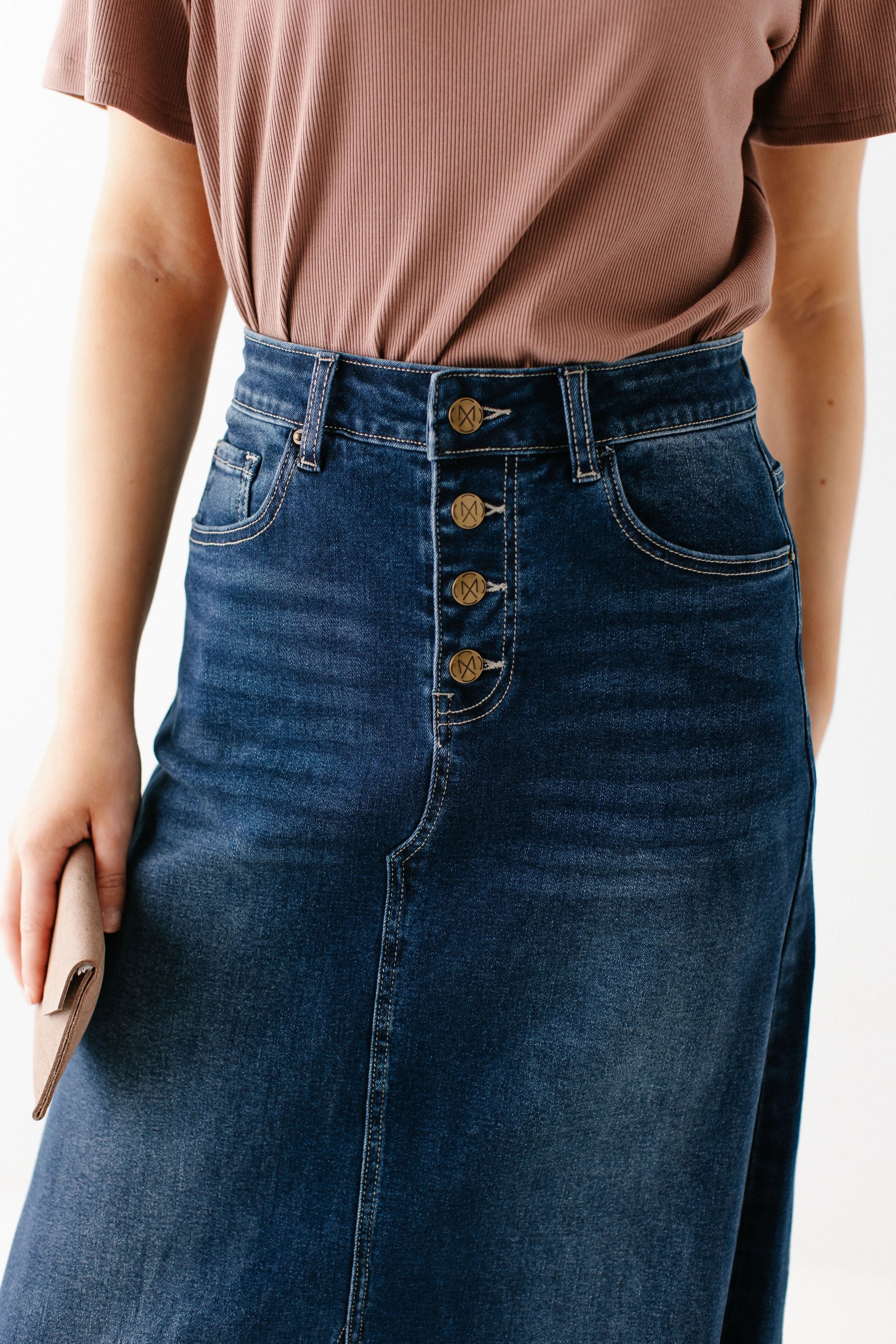 'Haven' Long Stretch Denim Skirt in Dark Wash