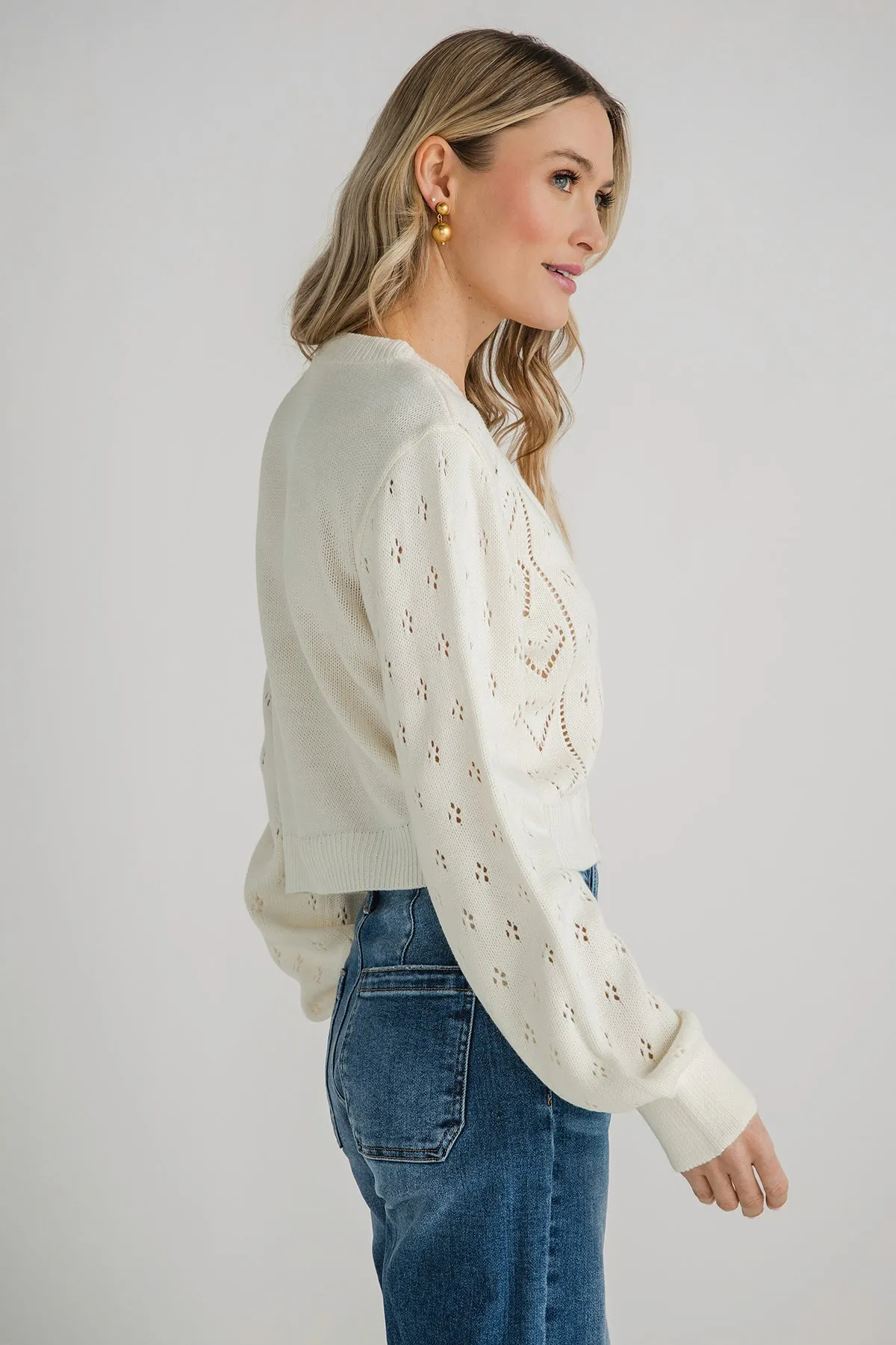 Hem And Thread Pointelle Heart Cardigan