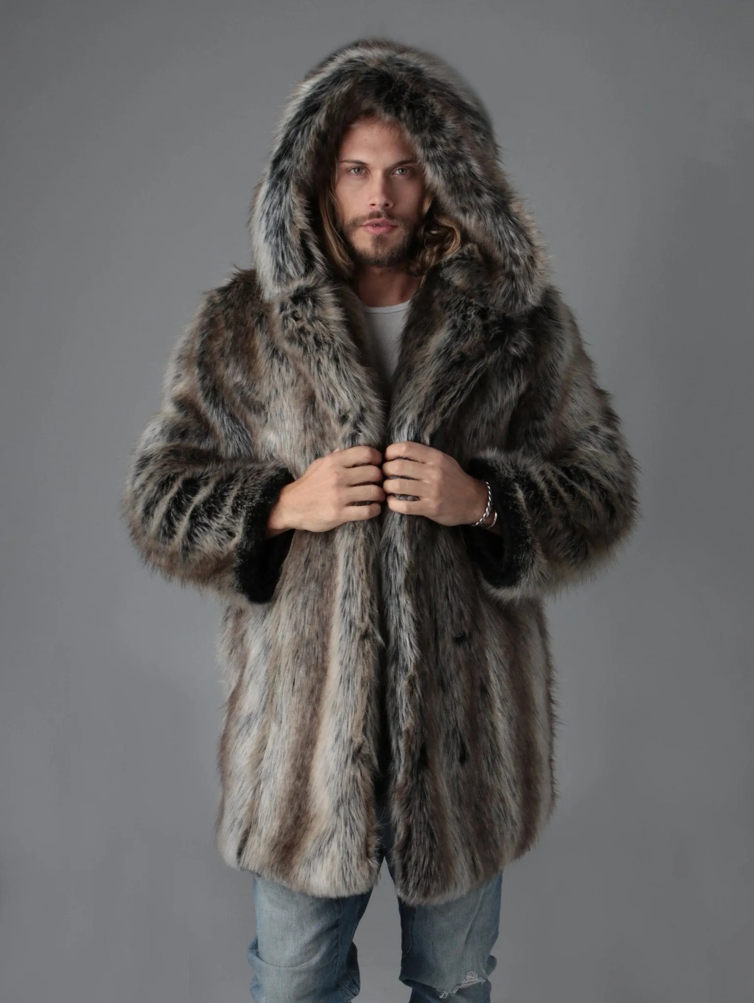 Hooded Men's Faux Fur Coat | Grey Wolf