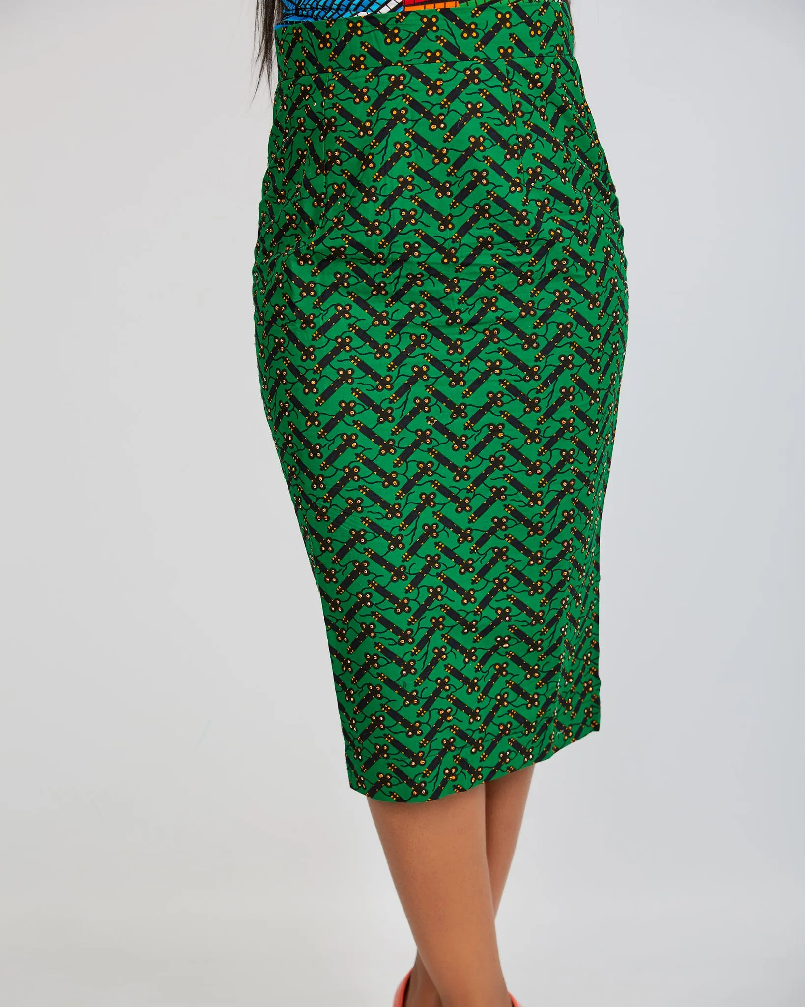 Just Arrived Embellished African Print Pencil Midi Skirt- Sanguri