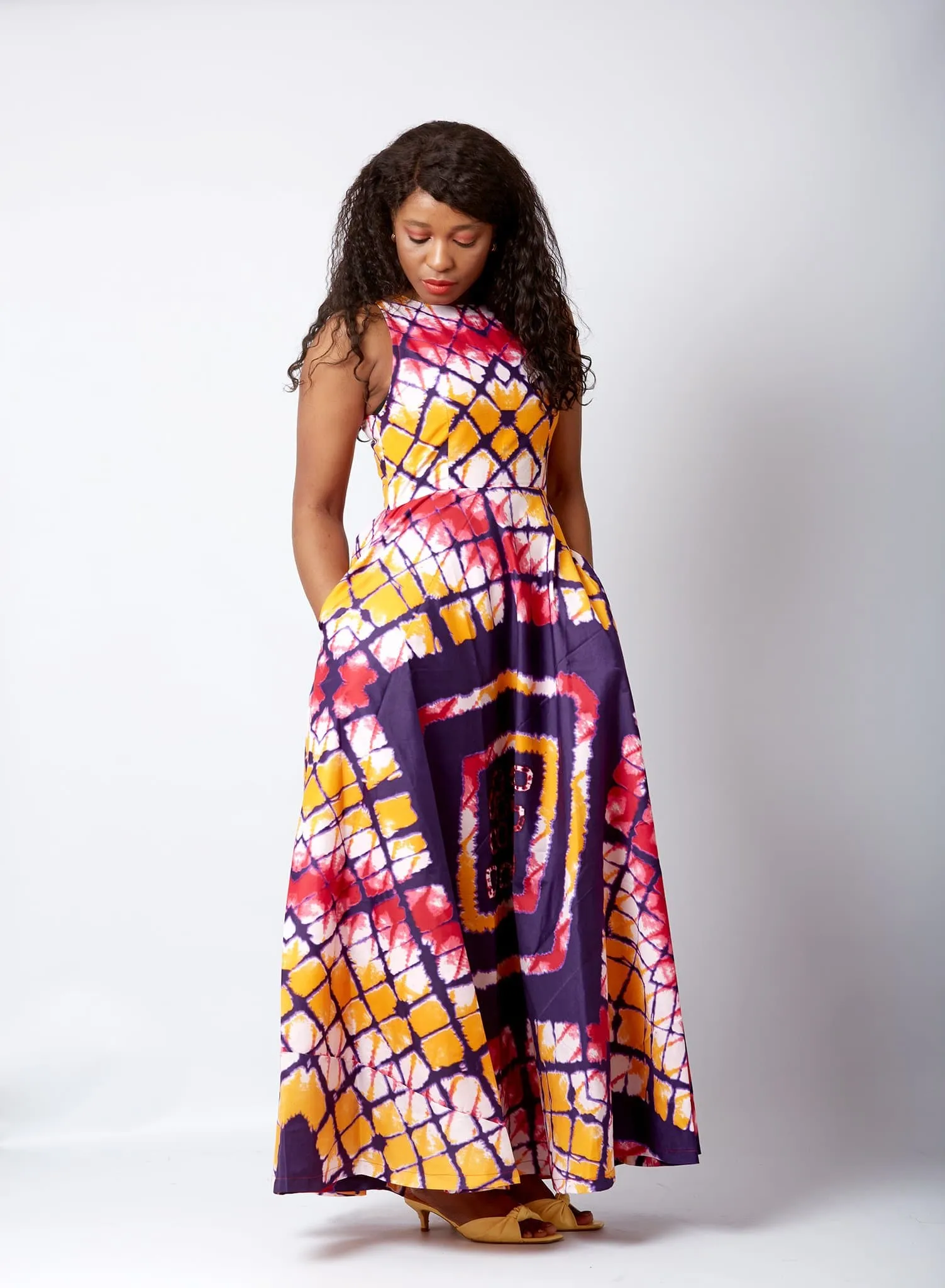 Kampala Tye and Dye Sleeveless African Maxi Dress in Pink - Brianna