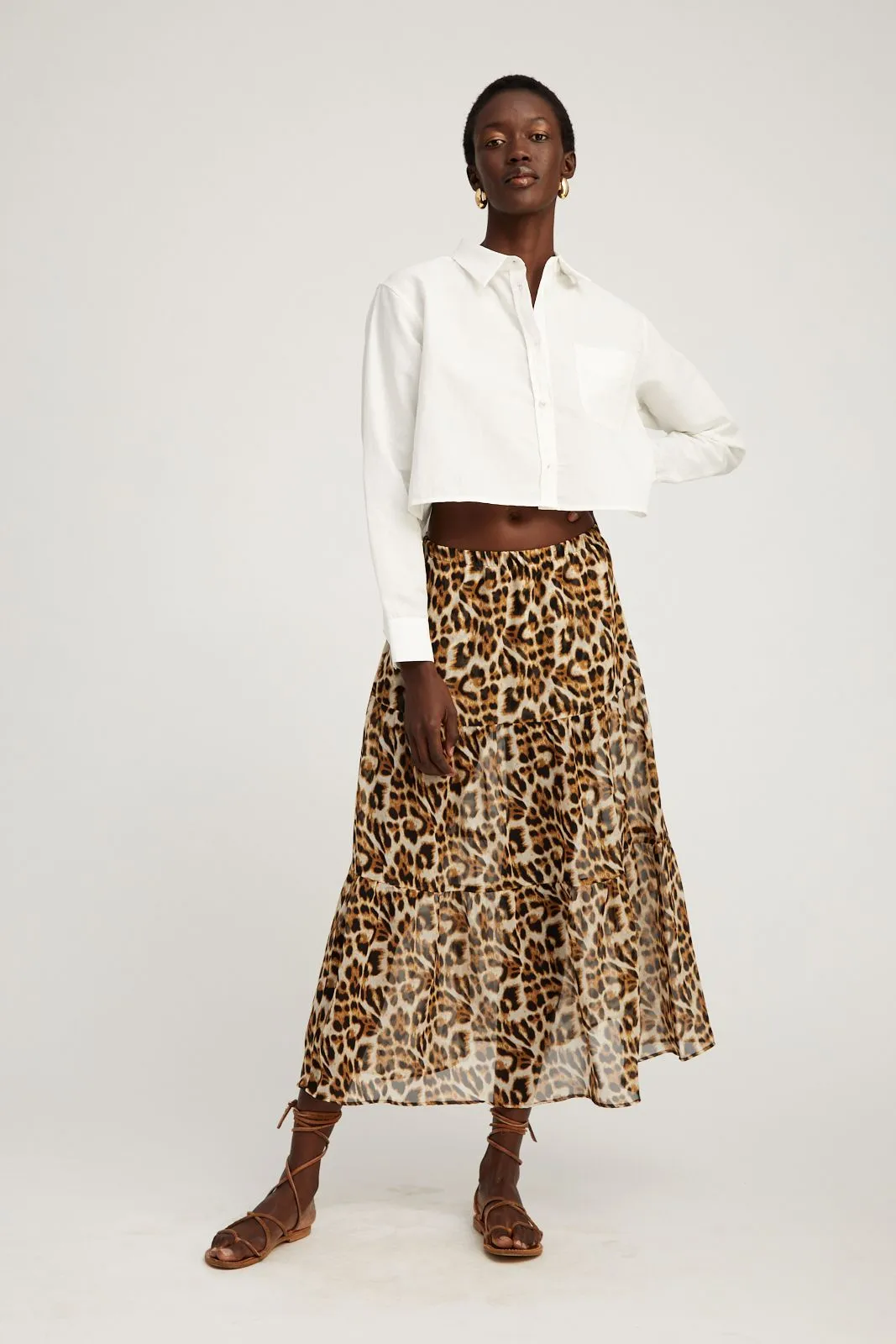 Leopard Silk Chiffon Tiered Maxi Skirt