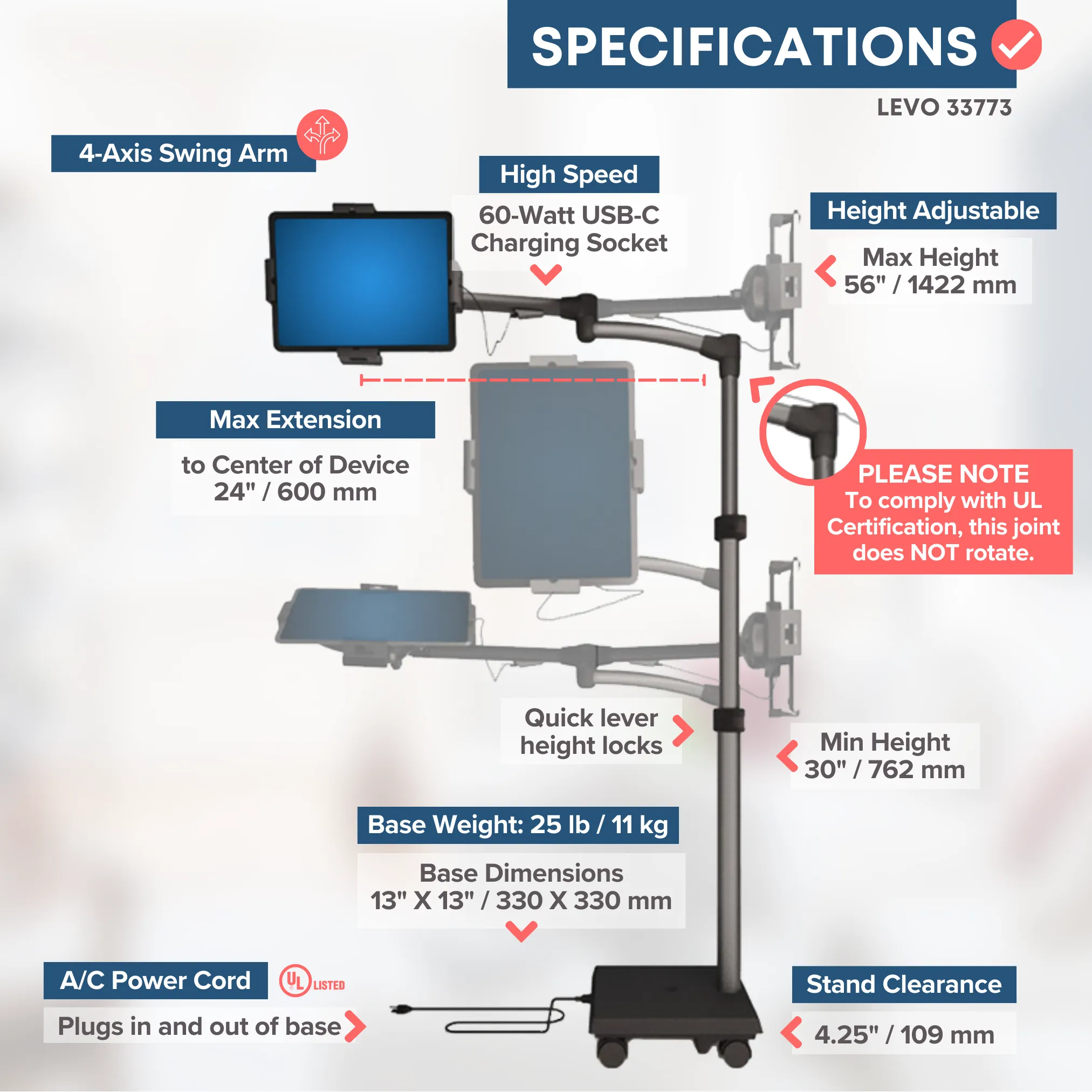 LEVO G2 Commercial Tablet Cart / Stand with 60 Watt USB-C Charging Port