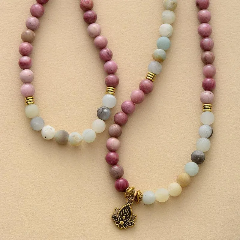 'Lotus' Rhodonite & Amazonite 108 Mala Beads Necklace