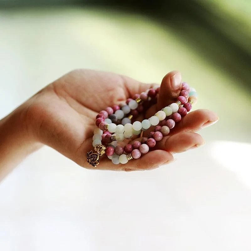 'Lotus' Rhodonite & Amazonite 108 Mala Beads Necklace