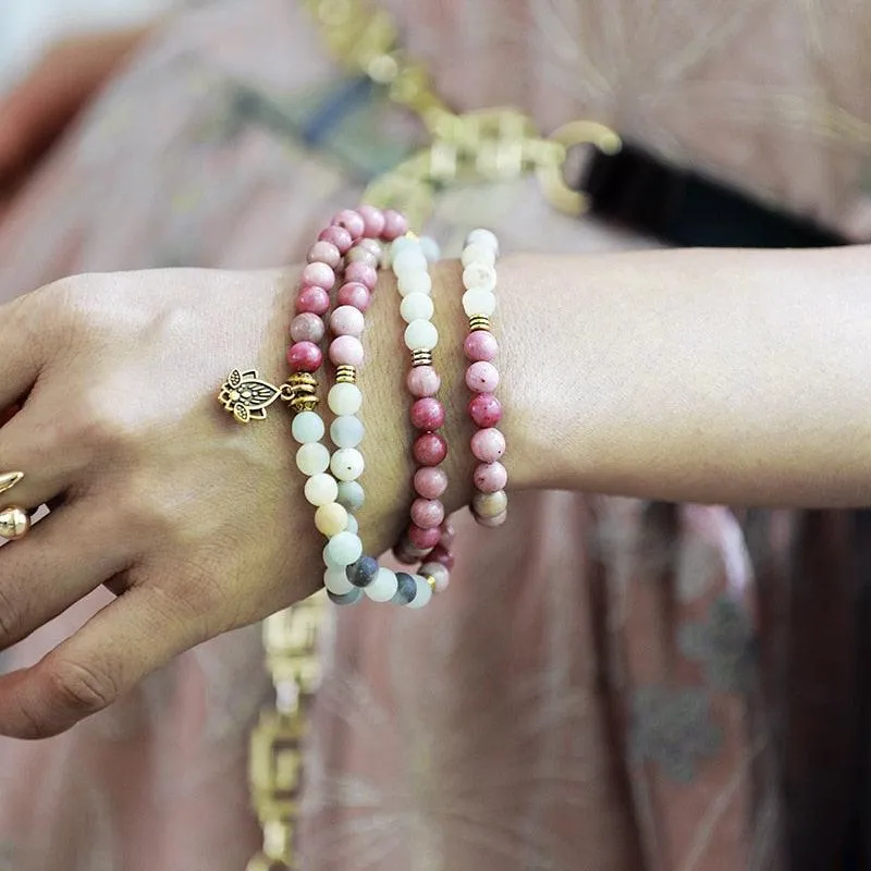 'Lotus' Rhodonite & Amazonite 108 Mala Beads Necklace