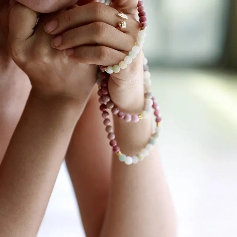 'Lotus' Rhodonite & Amazonite 108 Mala Beads Necklace