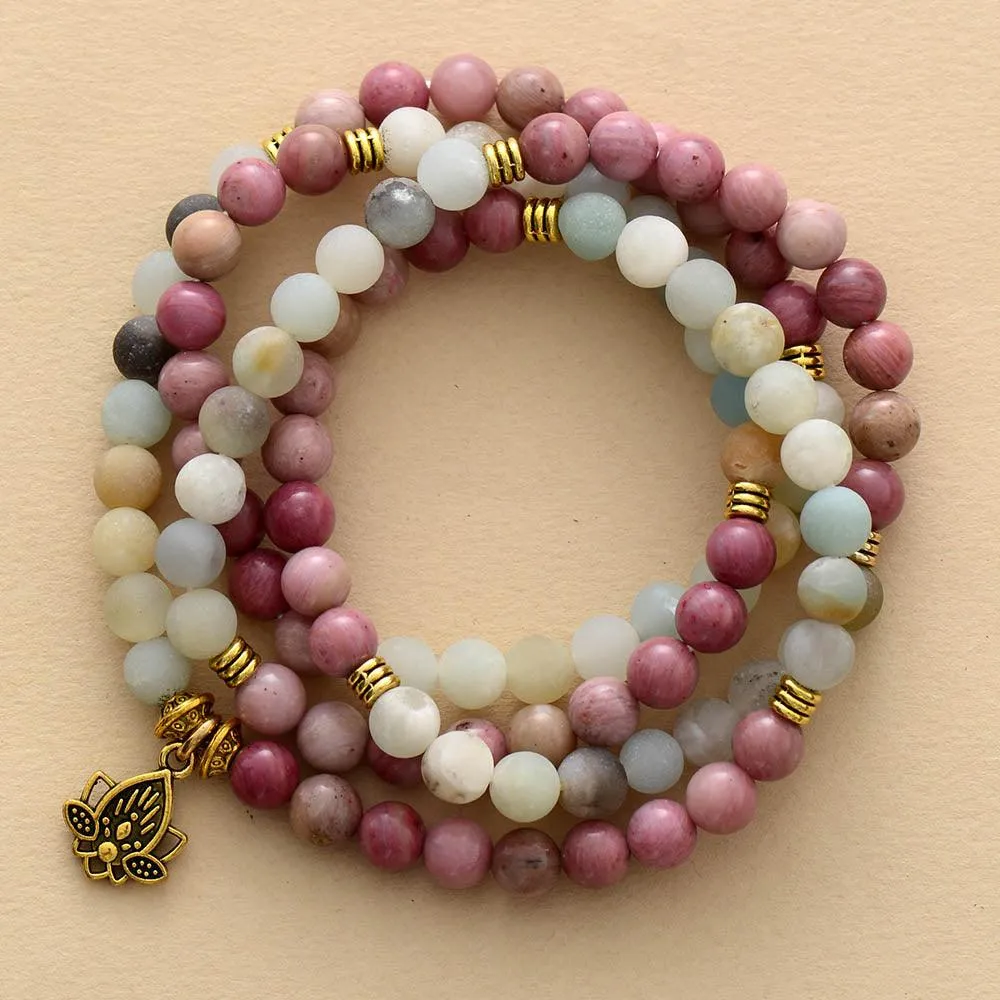 'Lotus' Rhodonite & Amazonite 108 Mala Beads Necklace