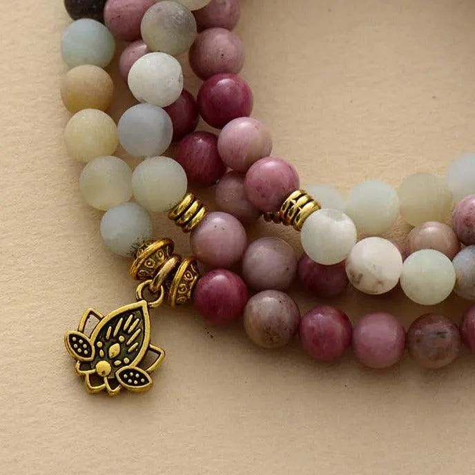 'Lotus' Rhodonite & Amazonite 108 Mala Beads Necklace