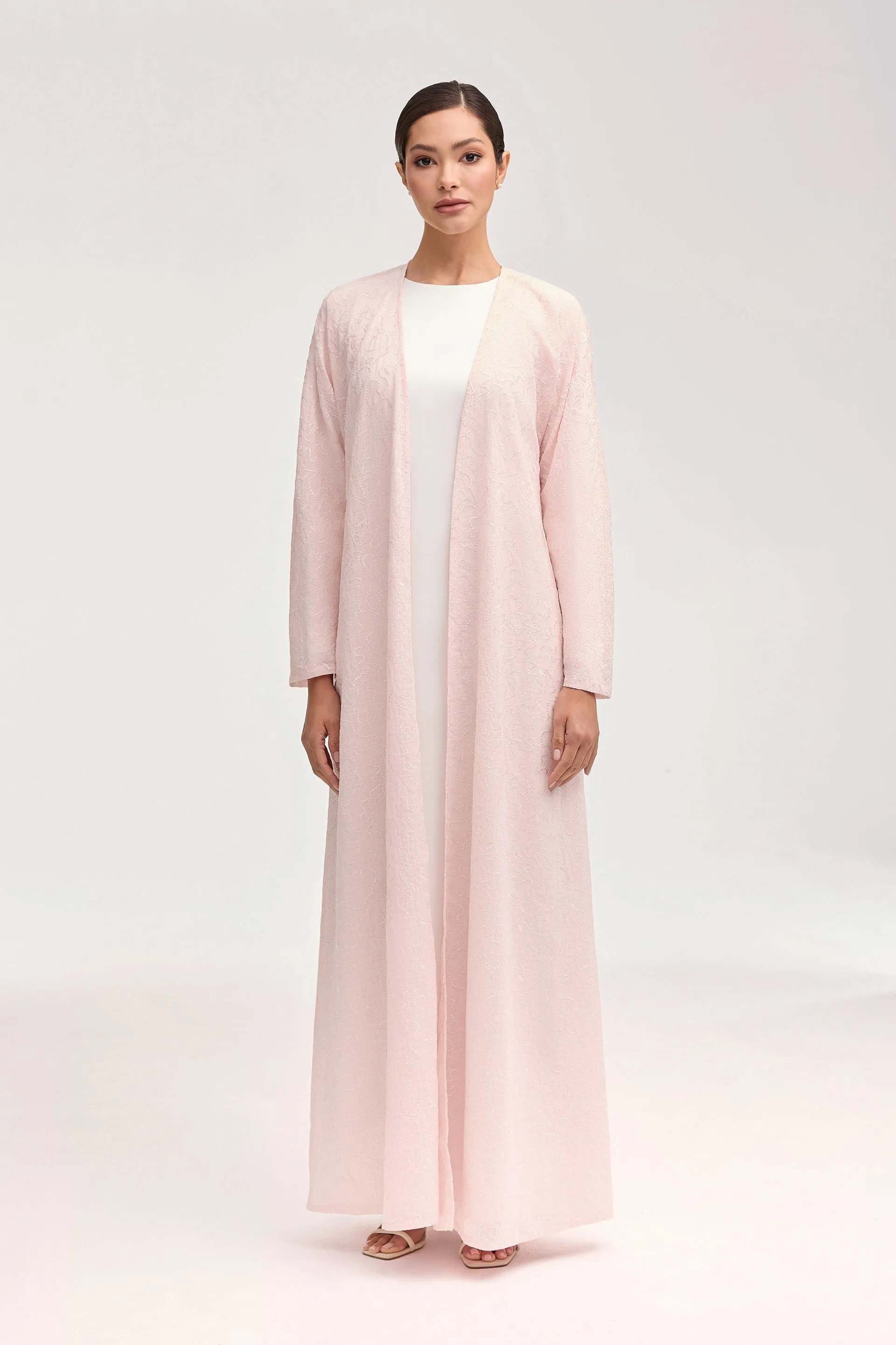 Malak Embroidered Open Abaya - Dusty Pink