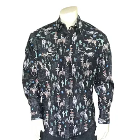 Men’s Black Cactus & Cowboys Print Long Sleeve Western Shirt