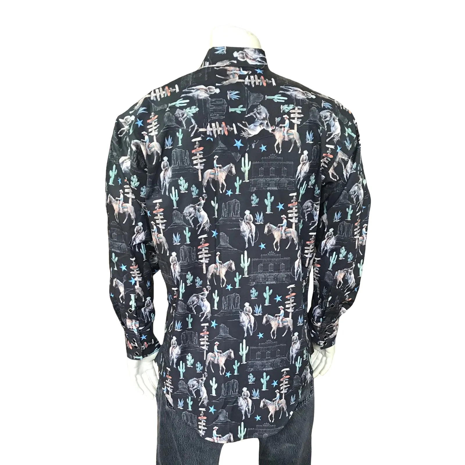 Men’s Black Cactus & Cowboys Print Long Sleeve Western Shirt