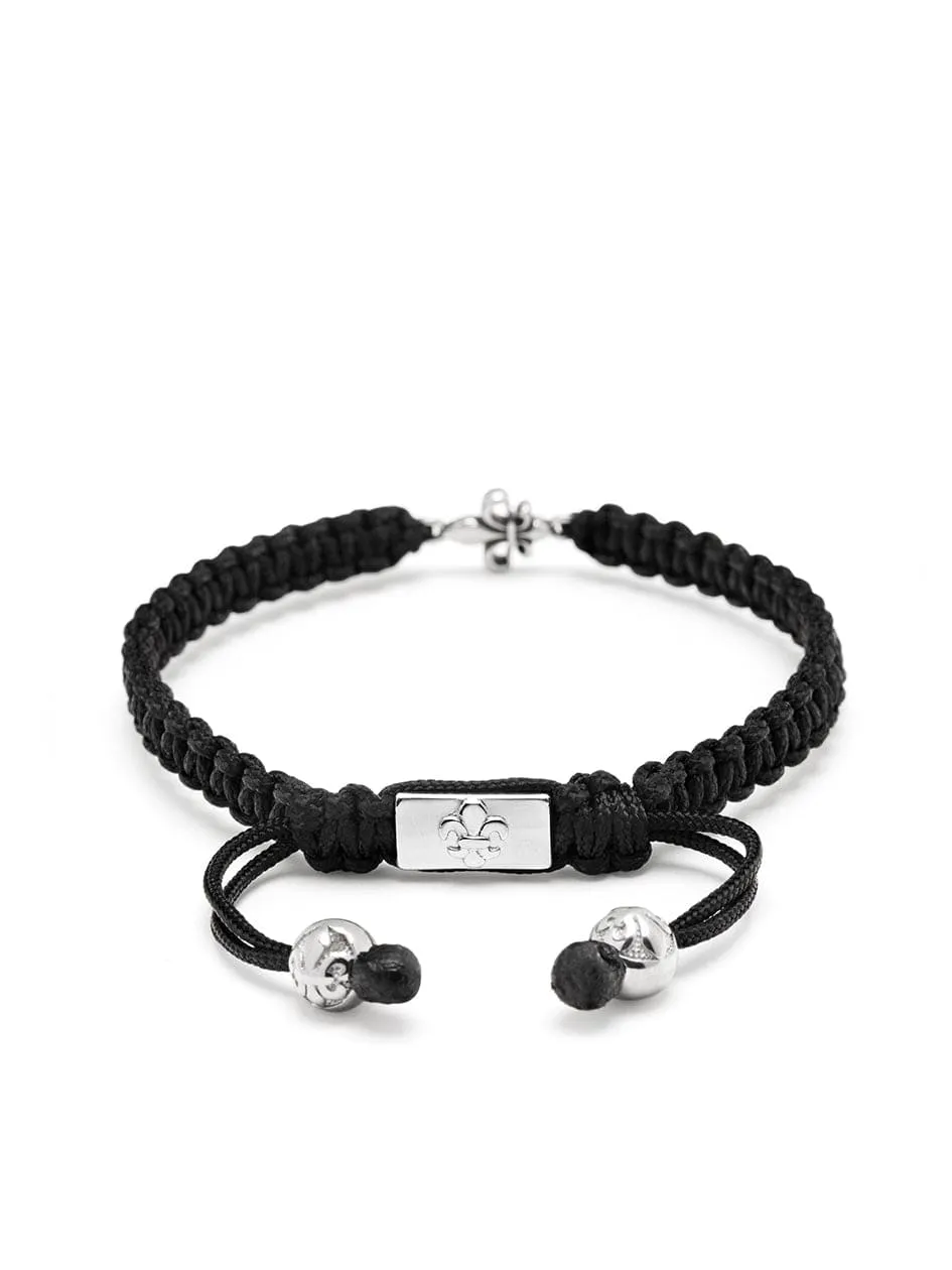 Men's Black String Bracelet with Silver Fleur De Lis