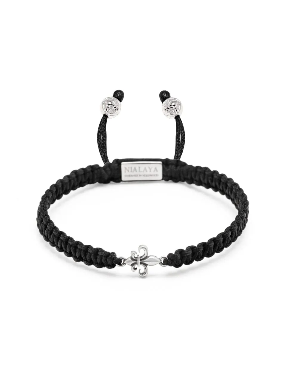 Men's Black String Bracelet with Silver Fleur De Lis