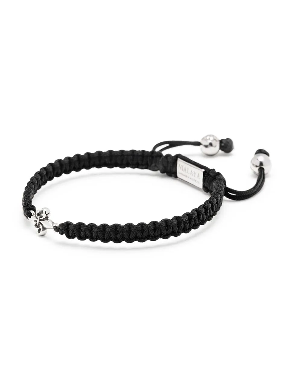 Men's Black String Bracelet with Silver Fleur De Lis