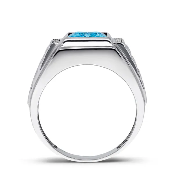 Mens Right Hand Ring 14K White Gold Aquamarine and Diamonds Wide Ring For Man